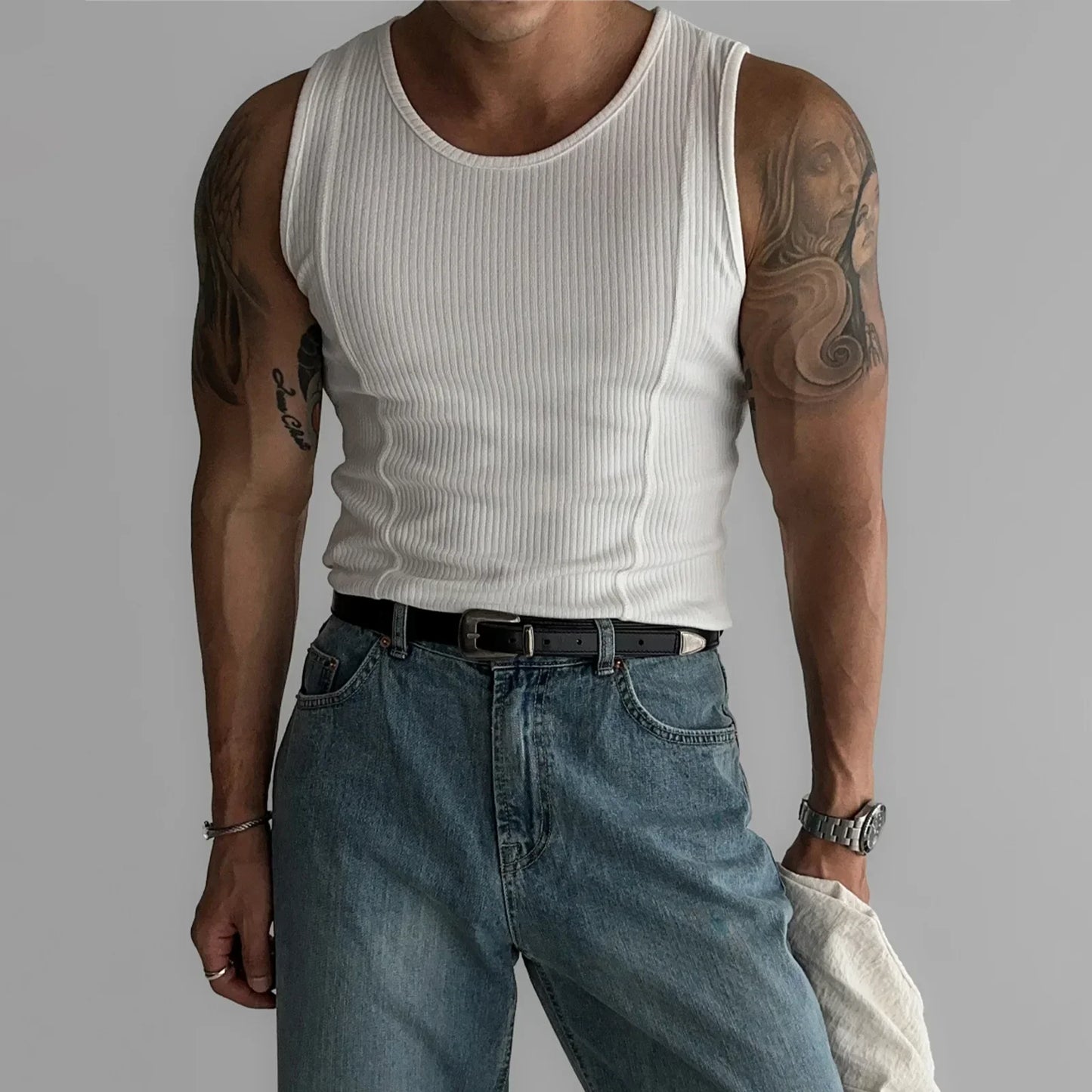 New 2025 Men's Fitness Elastic Slim Fit Vest Summer American Style T-Shirt Ribbed Vertical Stripes Casual Top Male Garment